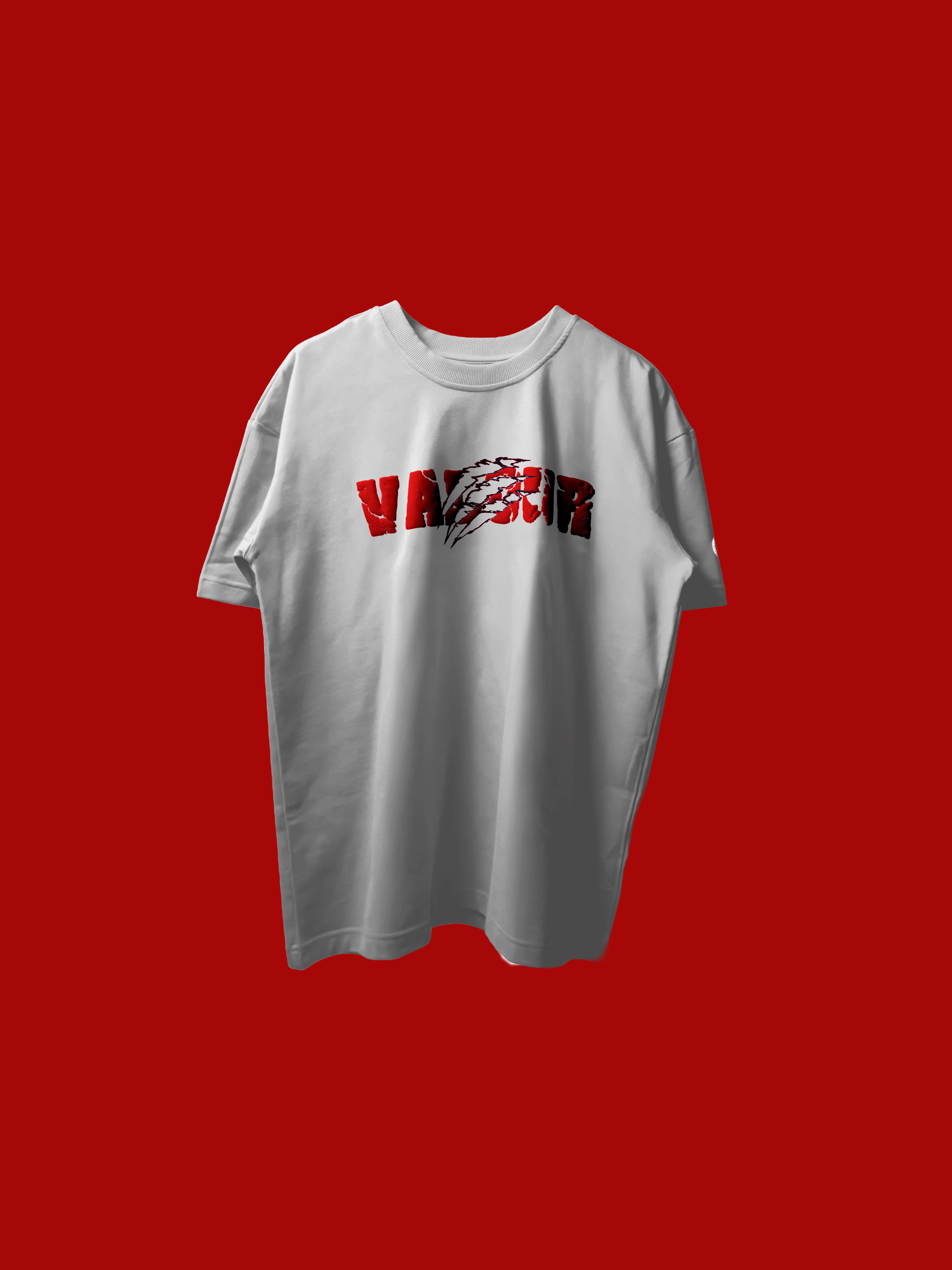 A white short-sleeve t-shirt with a red and black 'VALOUR' graphic across the chest, displayed against a solid red background.
