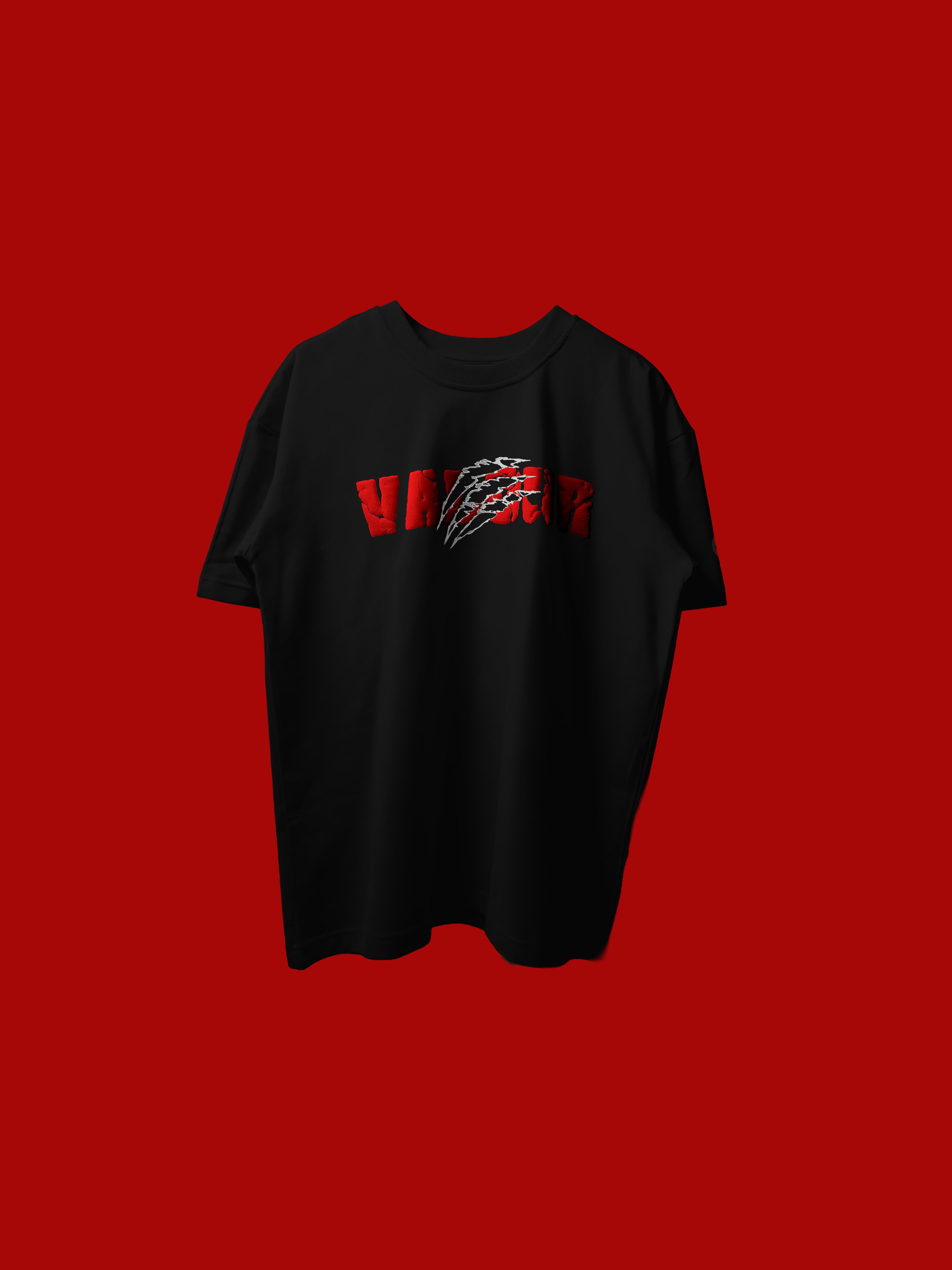 A black short-sleeve t-shirt with a red and white graphic on the chest, displayed against a solid red background.